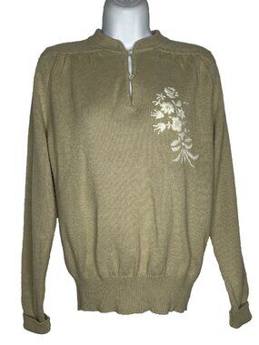 Vintage 70s Beeline Beige Pullover Sweater Size M Floral Crewel Wildflowers